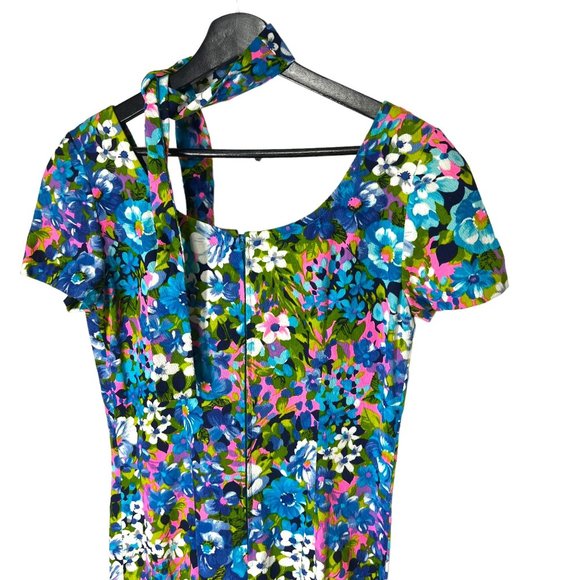 Vintage 60s Handmade Barkcloth Blue Floral Short Sleeve Full Length Dress Medium - Picture 5 of 9